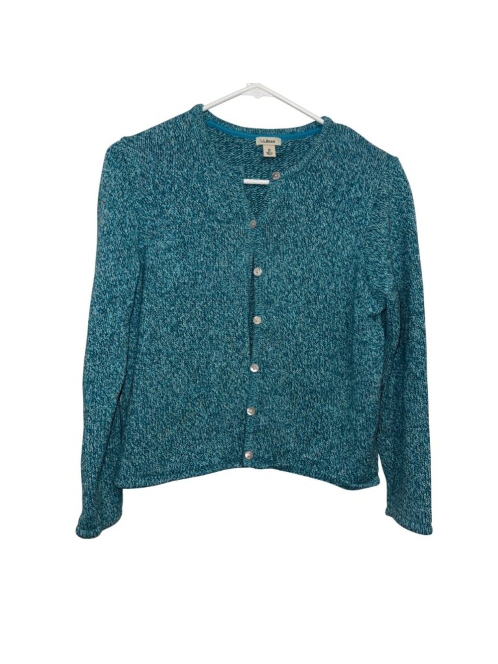 L.L. Bean Womens Teal Marled Knit Button-Up Cardigan Sweater M Petite